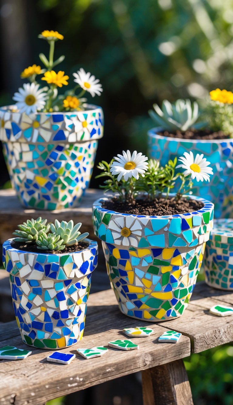 Several flower pots decorated with colorful broken china tiles arranged in mosaic patterns, some containing blooming flowers, placed on a wooden table outdoors.